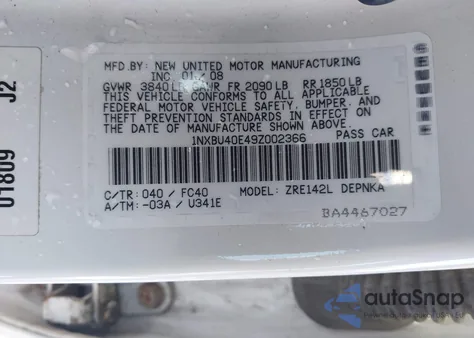 2009 Toyota Corolla Xle from USA, damaged, VIN 1NXBU40E49Z002366